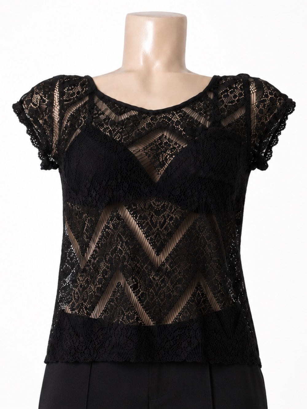 NEW Dynamite Black Sheer Lace Boho Blouse XS Romantic Chic Top